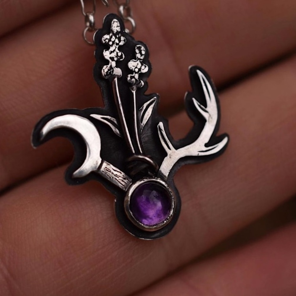 Sterling Silver amethyst  Antler Pendant Necklace with Purple Gem